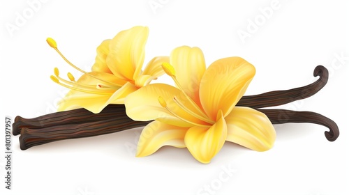 Illustration of two vibrant yellow lilies with dark brown vanilla pods on a white background.