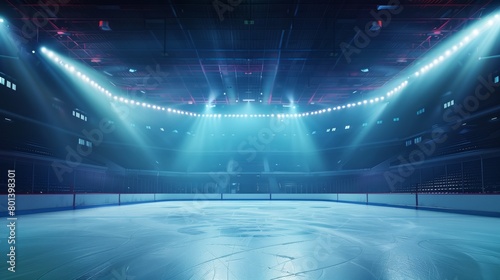 Empty indoor ice skating rink illuminated by dramatic blue lights and beams with visible skate marks.