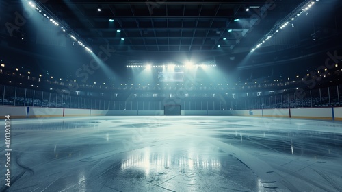 A brightly lit empty hockey arena with a spotlight on the ice and stadium seating.