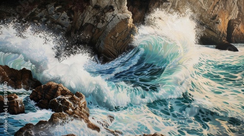A detailed oil painting of swirling waves crashing against rocky cliffs, capturing the raw power of the ocean.