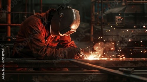 Design a 3D rendering illustrating a worker welding