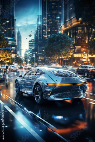 Futuristic autonomous vehicles navigating a city street.