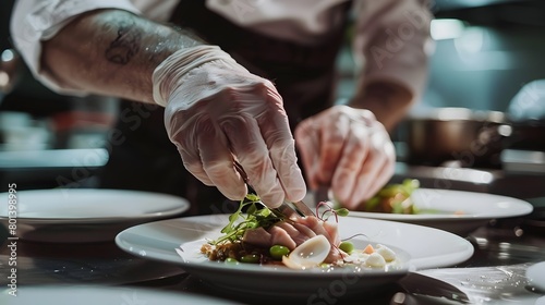 Meticulous Chef Hands Carefully Plating Gourmet Dish with Delicate Garnishes in Fine Dining Restaurant Kitchen