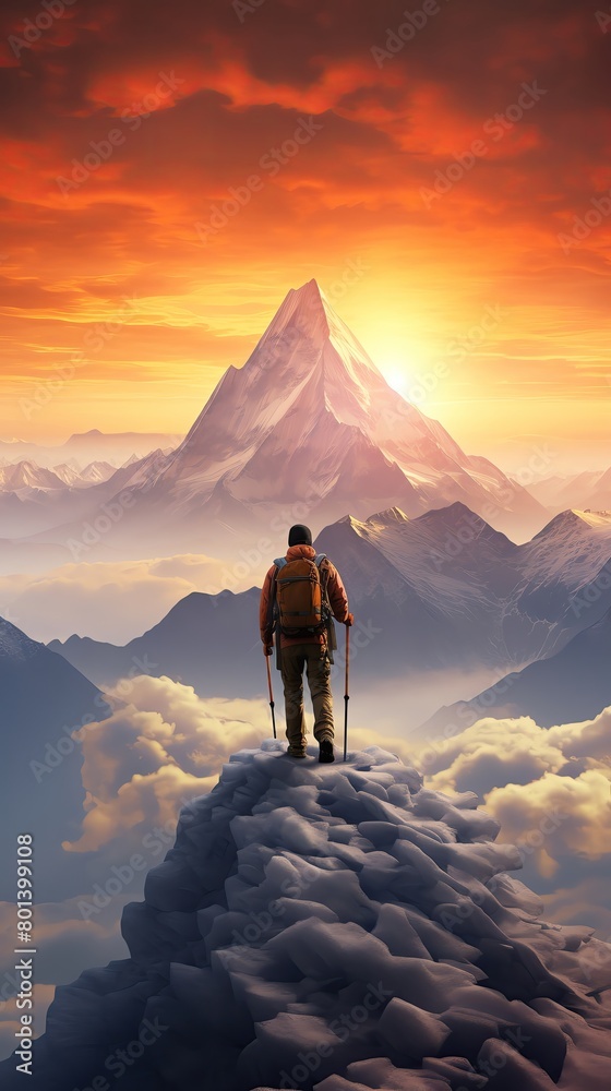 Hiker reaching the summit of a mountain at sunrise, panoramic view of the valley below, embodying achievement and adventure