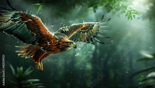 Illustrate a serene forest through the eyes of a soaring eagle  with photorealistic detail in every leaf and ray of sunlight filtering through the canopy