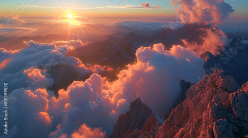 Beautiful sunset on the mountains above clouds.