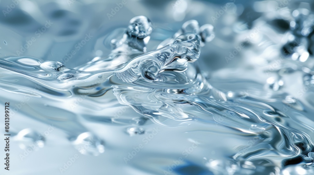 Close-up of water droplets on a blue background, with a focus on the droplets and the surface of the water.
