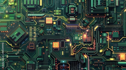 The image is of a circuit board with green and yellow lines and components. The board is intricate and complex, with many different components.
