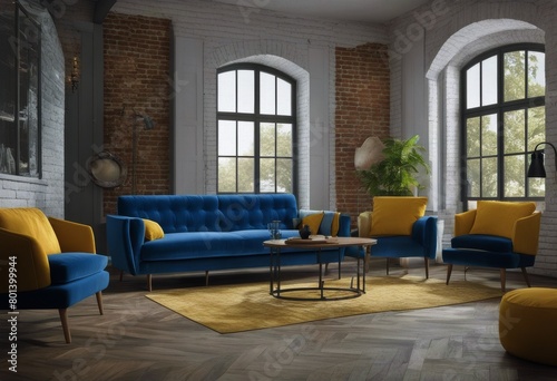 There 3d rendering yellow blue white Rooms floors window brick imageThe blue living wallsfurnished room chair overlooking wooden the Vintage sofa have photo