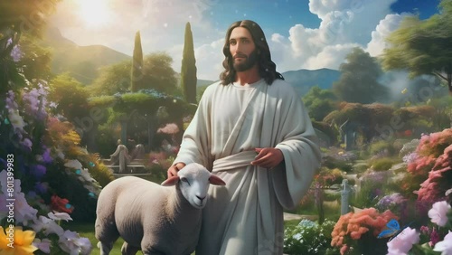 Jesus with a lamb with the fantasy beauty of the garden of heaven photo