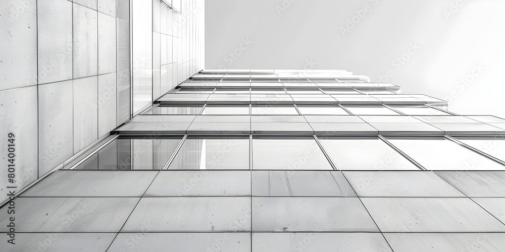 Architectural abstraction of a modern glass and steel commercial building with clean lines and geometric patterns in a city environment