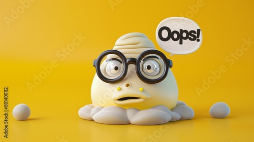 A comical 3D character with large glasses and an 'Oops!' speech bubble on a yellow background.