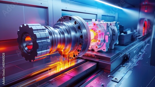 Colorful Lighting Illuminates HighTech Gear Shaping Machine in Modern Manufacturing Process