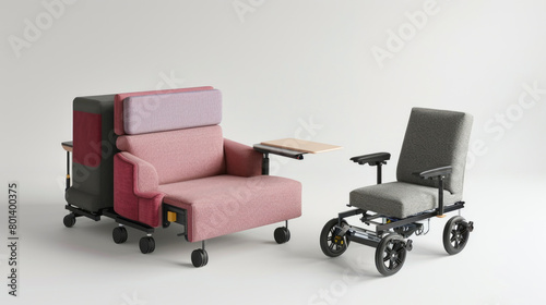 A chair with a table attached to it placed next to a wheelchair chair for accessibility and convenience