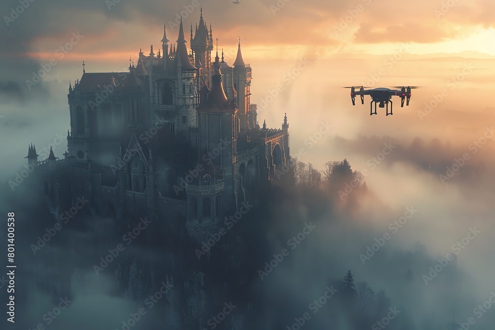Fototapeta premium Render a chilling scene straight out of Dracula, with a drone hovering above an old gothic castle, surrounded by a dense fog at sunrise, evoking a sense of impending dread