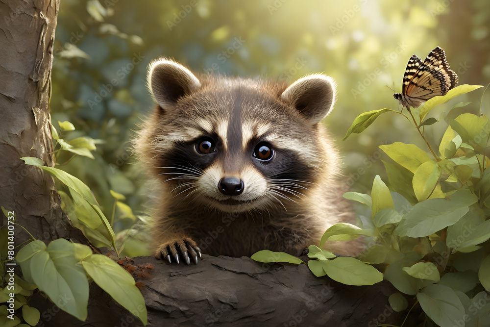 Illustration of a baby raccoon peeking behind a log with forward gaze against a natural backdrop. Ideal for cute animal or raccoon related contents.
