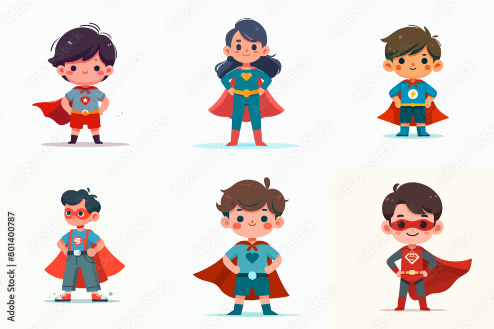 collection of children in superhero costume. flat vector illustration
