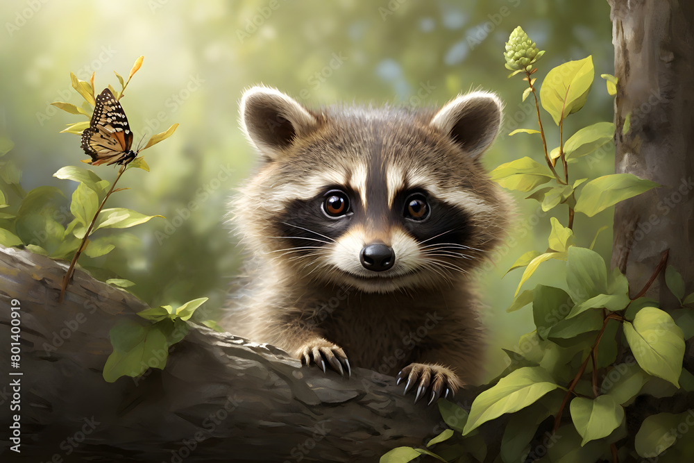 Illustration of a cute raccoon cub in its natural habitat, peeking behind a log with forward gaze. Ideal for cute animal or raccoon related contents. Illustration of a cute raccoon cub in its natural habitat, peeking behind a log with forward gaze. Ideal for cute animal or raccoon related contents.