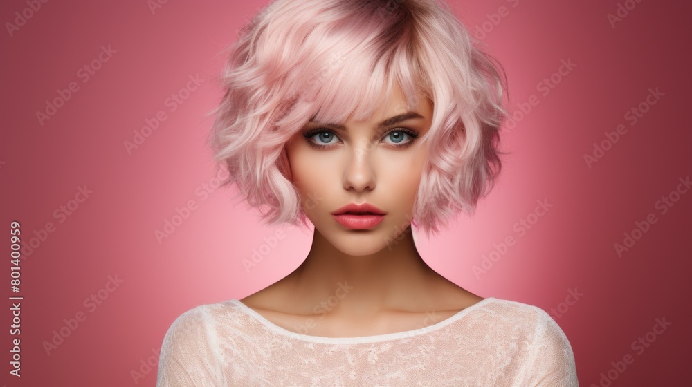 Stunning Woman with Pink Bob Hairstyle on Trendy Rose Background