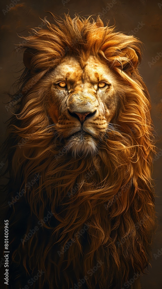 Fototapeta premium Capture the essence of the Renaissance era in a frontal portrait of a majestic lion, illuminated by golden light Emphasize intricate details as seen in traditional oil paintings