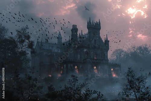 Capture the eerie essence of a haunted mansion at dusk, inspired by Poes tales, with a drone sweeping over shadowy turrets and misty moors photo