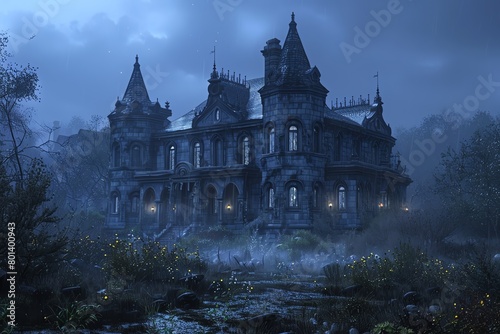Capture the eerie essence of a haunted mansion at dusk, inspired by Poes tales, with a drone sweeping over shadowy turrets and misty moors photo
