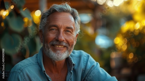 Senior Man with a Charming Smile Enjoying Golden Hour Outdoors