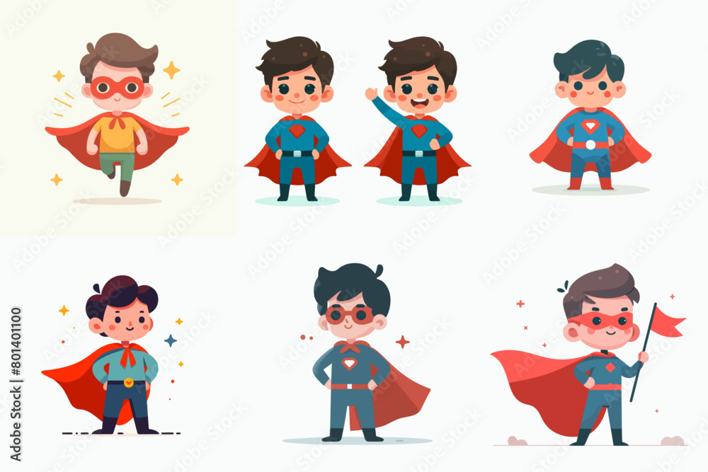 set of little boy in superhero costume. flat vector illustration