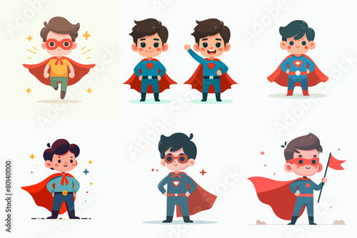 set of little boy in superhero costume. flat vector illustration