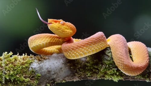 eyelash pit viper yellow morph with a dark background and copy space close to sarapiqui in costa rica photo