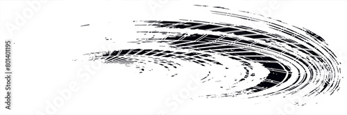 Tire tracks, motorbike wheel or car tread marks, grunge vector. Bicycle or motocross road rally tire tracks, speed motorbike racing rubber track pattern, traction tires in black.eps10