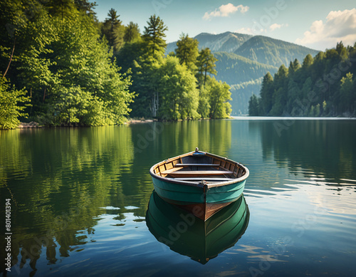 boat on the lake, serene empty wooden dingy in the mountains photo