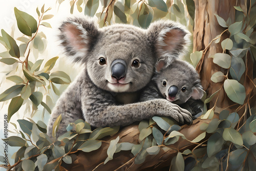 Illustration of a koala mother and her cubs on a tree  looking forward against a nature backdrop. Ideal for wildlife  animal  and nature contents.