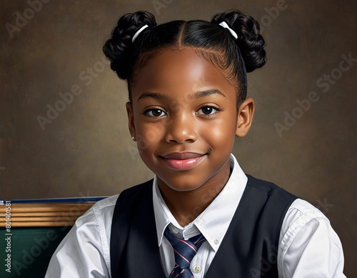 Portrait of a young student wearing a school uniform in a nice classroom, smiling