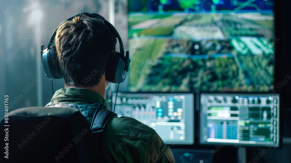 A rear view of a male military cameraman wearing headphones using advanced technology to analyze the countryside, an office with screens and monitors. A rear view of a male military cameraman wearing headphones using advanced technology to analyze the countryside, an office with screens and monitors.
