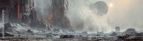 Illustrate a detailed side perspective of a post-apocalyptic wasteland infused with intricate nanotech structures, utilizing a monochromatic color palette with sporadic neon accents to portray a haunt