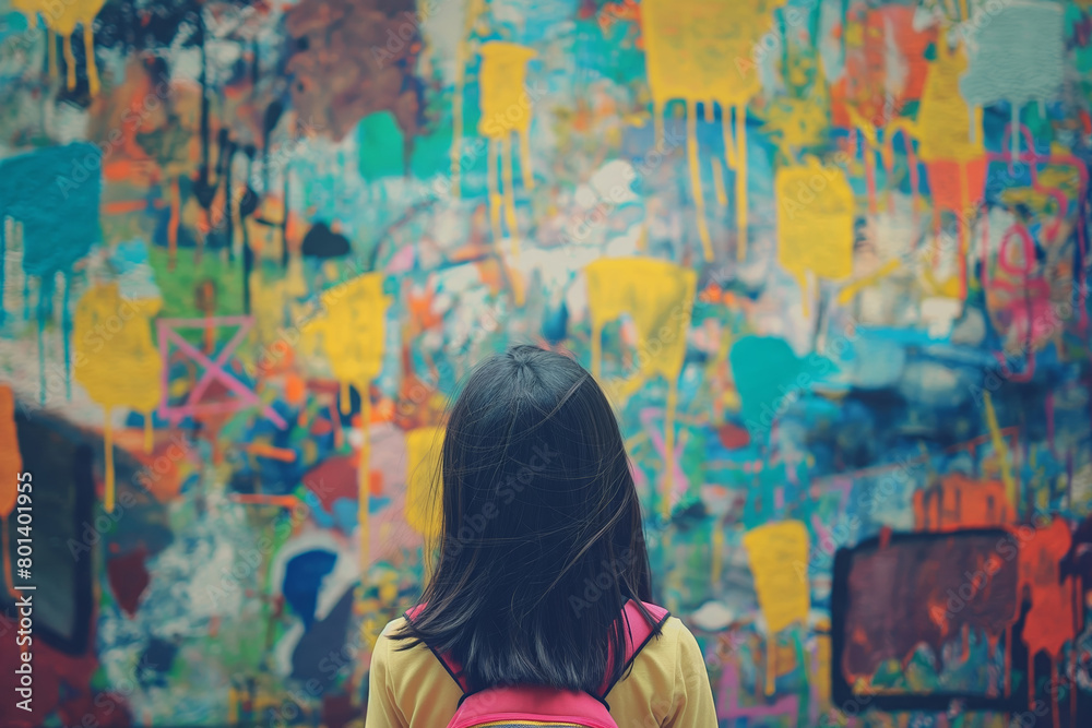 Fototapeta premium A vivid depiction of a woman from behind, looking at a graffiti-filled wall, symbolizing urban art and expression