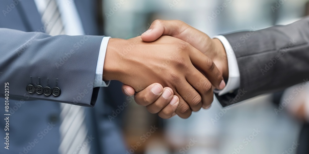 Two professionals engage in a firm handshake, symbolizing a deal or agreement in a corporate setting Two professionals engage in a firm handshake, symbolizing a deal or agreement in a corporate setting