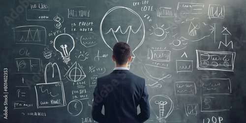 A man in a suit stands before a chalkboard filled with complex mathematic equations and lightbulb drawings representing new ideas