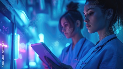Futuristic Medical Professionals Analyzing Data on Tablet in Laboratory