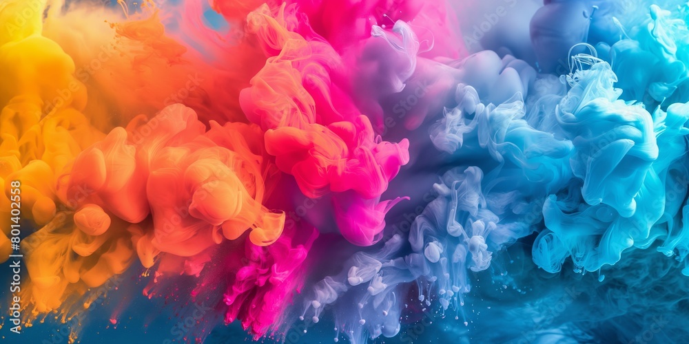 An explosion of colored powder creates a dynamic and vibrant abstract image, capturing motion and color in action