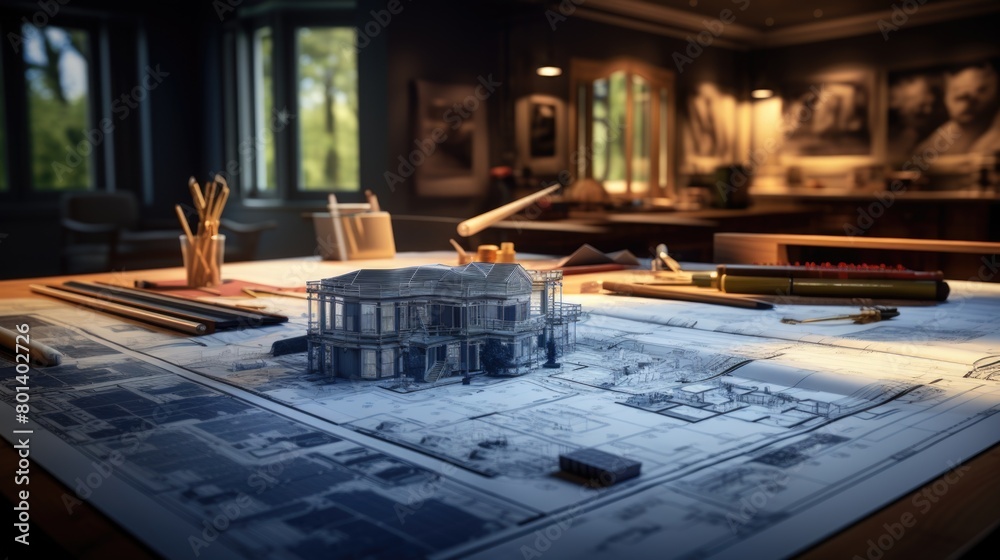 Architectural Blueprints and Tools on Designer's Workstation