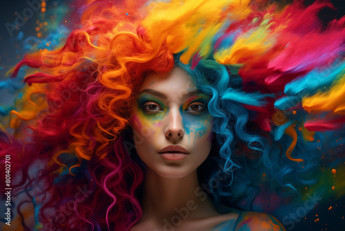 Stunning artistic portrait of a woman with a vibrant explosion of colorful hair applied digitally