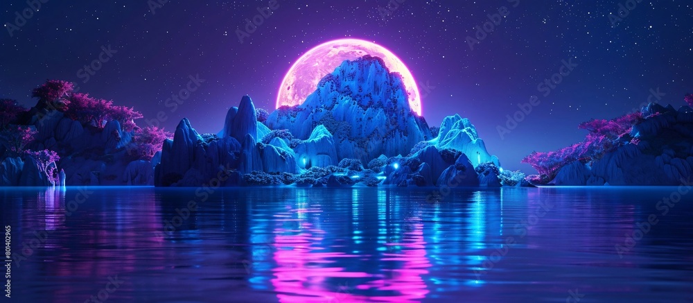 Fototapeta premium Surreal Neon-Lit Fantasy Landscape with Glowing Moon and Mountains