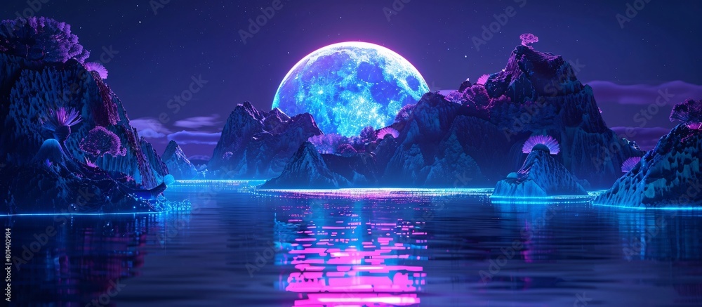 Fantasy Illustration of a Neon-Lit Landscape with a Giant Moon