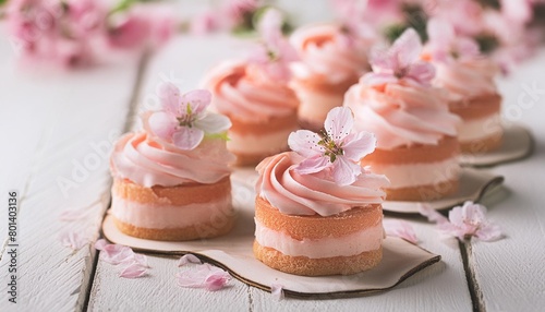 spring mini cakes with butter cream rose table scene with a white wood background pink layers with flower topping