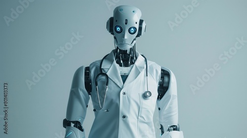 Futuristic robot in a white lab coat with a stethoscope, symbolizing advanced medical technology.