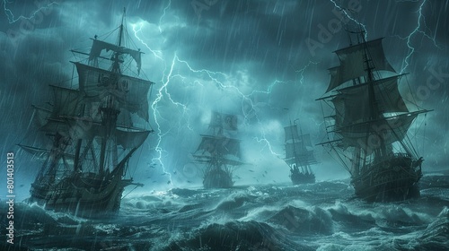 Approaching Danger: A Massive Fleet of Pirate Ships on the Horizon, Sailing Towards the Unknown with Menace and Intrigue in their Wake photo