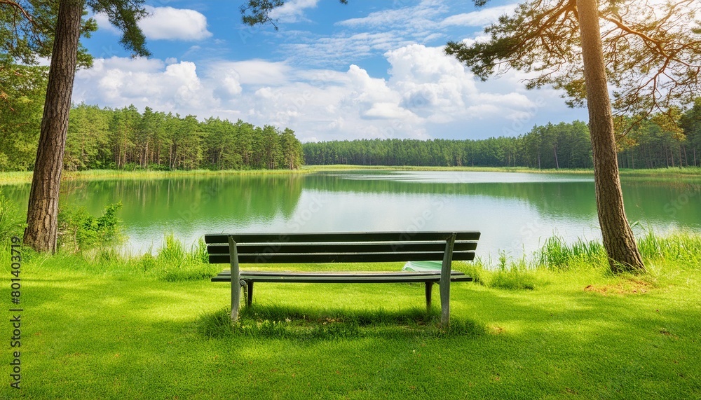 bench in green park in summer beautiful nature landscape by lake