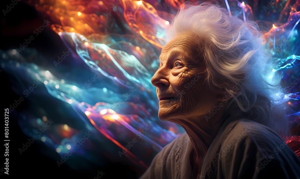 A portrait of a joyful elderly woman, smiling gently as vibrant, colorful lights dance around her, capturing the essence of wonder, warmth, and timeless kindness in her expression